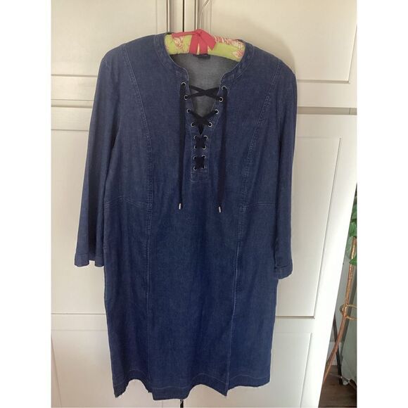 J. Jill Denim Lace Up Dress Sz L Stretch Raw Hem Pockets - Picture 2 of 9